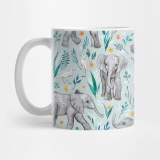 Baby Elephants and Egrets in Watercolor - egg shell blue Mug